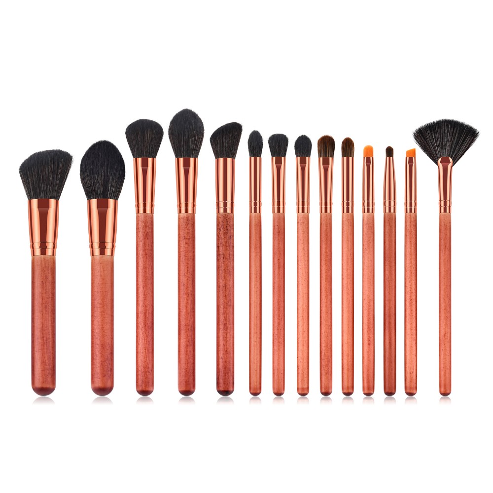 Red wooden 14 piece makeup brushes set