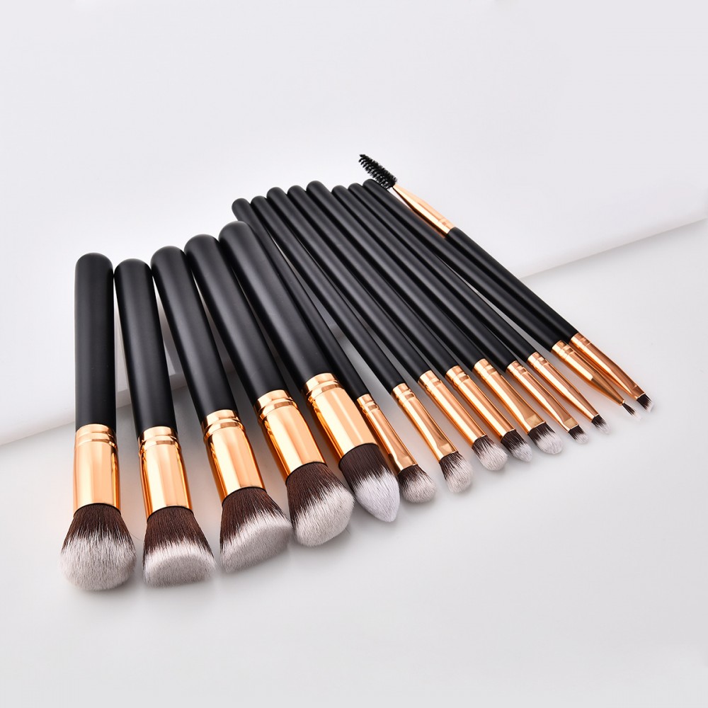 Black/gold 14 piece makeup brushes set